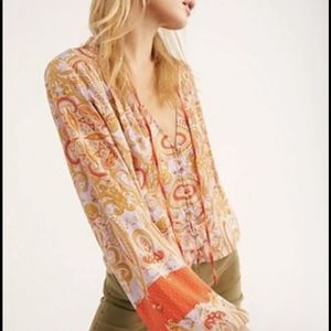 BEAUTIFUL DAY FREE PEOPLE TOP Satin Paisley Peasant Cropped Size S